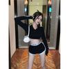 Traje Deportivo Negro Camiseta de Manga Larga Spice Girl Top Corto Verano para Mujer Cintura Alta Ajustado Casual Shorts Conjunto de Dos Piezas