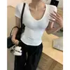Camiseta de verano para mujer con cuello en V y manga corta, corte ajustado, top simple y corto 26014