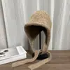 Gorro de punto cálido para mujer, color liso, con cordones, otoño e invierno, gorro de punto simple y versátil, gorro de lana a prueba de frío y protector de orejas