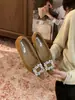 Mocasines de Punta con Piel Sintética Peluda para Mujer 2026 Otoño Invierno Nuevo Estilo Boca Baja de Pana con Hebilla de Pedrería Zapatillas de Algodón Planas Elegantes