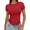 2025 Transfronterizo Casual Verano Versátil Ajustado Cuello Redondo Alto Camiseta Manga Corta Delgado Chica Caliente Tops Europeos y Americanos Efecto Adelgazante