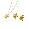 Conjunto de Joias em Aço Titânio com Formato de Tartaruga, Brincos de Prata Banhados a Ouro, Colar, Anel, Conjunto de Três Peças, Acessórios de Luxo Leve Estilo Ins para Mulheres