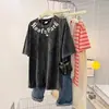 Camiseta de Manga Corta de Algodón Puro para Mujer, Marca de Moda Estilo Americano, Negro Lavado Desgastado, Versión Coreana de Verano, Estilo Bf Holgado Perezoso, Top Versátil