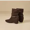 Botas Cortas de Vaquero Botines Botas Hermosas de Otoño Aumentan la Altura Hebilla Retro Rad 2026 Arrugas Apiladas Botas de Tacón Grueso Mujer