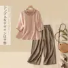 342 Conjunto#Cânhamo Algodão Linho Conjunto Completo Mulher Verão Camisa de Linho Calça de Perna Larga Casual Roupa de Mãe Conjunto de Duas Peças