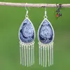 Joyería de Estilo Étnico de Yunnan Plata Miao Incrustada Hecho a Mano Batik Pieza de Bordado Antiguo Pendiente Pendiente Forma de Abanico Étnico Retro Artístico
