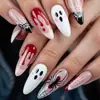 Unhas Postiças Wearable de Halloween Formato Amêndoa Preto e Branco Ponta Francesa Mancha de Sangue Teia de Aranha Fantasma Padrão Design