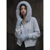 Cárdigan de Punto con Capucha para Mujer Otoño/Invierno Cuello Grande de Piel Desmontable Estilo Coreano Suéter Suelto Suave Abrigo Top Engrosado