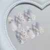 Xadrez azul-roxo com bolinhas e cerejas, pedras de strass empilhadas, gradiente, estilo temperamental de menina, estilo europeu e americano, unhas vestíveis removíveis, 30 peças