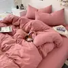 Nuevo Estilo Coreano Ins Color Puro Doble Cepillado Algodón Lavado Juego de Cuatro Piezas Ropa de Cama Funda Nórdica Ropa de Cama Colchón Dormitorio Estudiante