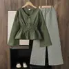 Comercio Exterior Ropa para Niñas Primavera Nuevo Estilo Moda Europea y Americana Cuello en V Corbata de Lazo Cintura Ajustada Mangas de Campana Conjunto de Top y Pantalones de Pierna Ancha