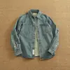 Camisa jeans masculina casual estilo americano de manga comprida, jaqueta camisa casual de workwear com lavagem pesada e desgastada para outono, para usar em camadas