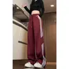 Calça Casual Angola Listrada Vermelha Estilo Hong Kong Color Block Tamanho Grande Perna Larga