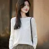 Camisa de Tricô com Renda Vazada 100% Algodão para Mulheres, Camiseta Branca de Manga Longa, Camisa Básica Versátil de Caimento Solto Primavera/Verão 2026, Top Estiloso