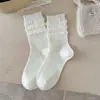 Meias de urso fofas de flanela estilo desenho animado para mulheres, punho de bolha de camada dupla, estilo balé, laço, bolinhas, borda enrolada, meias de cano médio