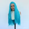 Peluca de encaje frontal de comercio exterior, cabello largo y liso azul, fibra resistente al calor, natural y suave, stock de fábrica al por mayor