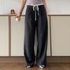 Pantalones Rectos Casuales Simples de Combinar con Todo para Mujer con Correa Rayada, Puntadas de Color Contrastante, Diseño de Cintura con Sentido