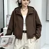 Chaqueta utilitaria corta con capucha para mujer, estilo coreano de otoño, corte holgado con cordón, chaqueta casual con cremallera para mujeres petite
