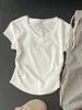 Top Azul Leche de Escote en V Pure Desire para Mujer, Verano 2026, Camiseta Delgado con Pliegues que Ceñe la Cintura, Estilo Petite Spicy Girl, Mangas Cortas de Hombro Normal