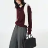 Polo de punto de cachemira gris de alta gama, sofisticado y elegante para mujer, perfecto para otoño e invierno, con mangas largas, cuello con muesca y corte holgado, ideal como capa interior.
