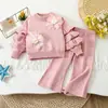 Conjunto de Suéter para Niñas Otoño e Invierno Nuevo Estilo Manga de Pastel Floral Grande Tejido Estilo Coreano Elegante Conjunto de Suéter y Pantalones Largos para Niñas