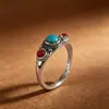 Anel Artístico Retrô de Prata com Personagem Anel de Prata S925 Turquesa Envelhecida Ágata Vermelha Banda Aberta Estilo Étnico Tibetano