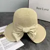 Sombrero de Sol Nuevo Estilo de Verano con Lazo para Mujer, Sombrero de Paja a la Moda, Estilo Coreano con Perlas y Ala Ancha para Cubrir el Rostro, Protección Solar, Sombrero de Pescador