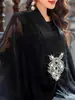 Camisa Negra Jacquard Batwing Bordada con Borlas, Talla Grande, Bata Suelta y Elegante Ba5212