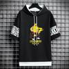 Moletom com Capuz e Manga Curta para Jovens Homens, Tendência Loose Fit, Falso Duas Peças, Manga Meia-Manga, Estampado, com Capuz, Top Estilo Ins de Manga Meia-Manga