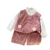 Chaleco de Pana Artístico con Bordado Floral 3D para Niñas Jóvenes, Top con Cuello Volante, Pantalones Jogger Bordados