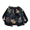 2025 Nueva Bolsa de Lona Bordada con Mariposas de Gran Capacidad Verano Cordón Estilo Nacional Artística Bolso de Hombro Bolso Cubo para Viajes