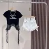 Traje de Verano para Niñas 2025 Nuevo Diseño Mediano y Grande Infantil Encaje Empalmado Manga Corta Verano Cordón Shorts de Mezclilla