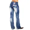 Estação Independente Outono e Inverno Mais Vendidos Calças Lavadas de Algodão Escuro Retas com Temperamento para o Trabalho Cintura Média Jeans Bordado com Bandeira