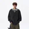 Suéter de tricô retrô estilo "old money" para homens e mulheres, blusa de tricô patchwork falsa de duas peças da moda para casais, suéter estilo casual americano