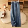 Jeans Feminino Novo para a Primavera de 2025, Cor Azul Lavado, Tamanho Grande, Elástico, Cintura Alta, Perna Larga, com Efeito de Caimento Emagrecedor, Calça Reta