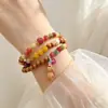 Pulseira de Quartizito Colorido Turmalina Estilo Étnico Chinês Nova Flor de Cerejeira da Primavera com Pingente de Lírio do Vale e Acessórios de Amendoim de Sândalo