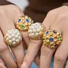 Anillo con Diseño de Granada de Nuevo Estilo Transfronterizo Europeo y Americano Incrustado con Perla de Imitación Anillo de Acero Inoxidable Personalizado con Piedra de Vidrio de Color Joyería para Mujer