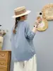 Camisa de Fio de Algodão de Camada Dupla para Primavera e Outono, Artística e Fresca, Solta, Casual, com Gola Alta, Manga Longa, Camada Base, Roupa de Exterior