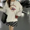 Moletom Redondo Hiphop Americano High Street para Mulheres no Outono e Inverno Novo Versátil com Forro de Fleece Espessado Solto de Comprimento Médio Tendência