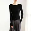 Top base de punto redondo de alta calidad con textura gris para mujer, primavera y otoño, corte ajustado, elegante, capa interior de suéter, top para superponer