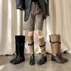 Botas altas de mujer de piel de vaca y ante, colección otoño e invierno, punta redonda, tacón medio grueso, diseño de bloques de color, botas hasta la rodilla