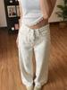 Novidade Primavera e Verão Estilo Americano Gatinho Kitty Branco Desenho Animado Laço Floral Jeans Calça Reta de Perna Larga para Mulheres Tendência
