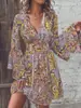 2024 Europeu e americano transfronteiriço outono e inverno nova moda elegante feminina paisley estampado com decote em v manga de chifre vestido