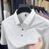 Camiseta de seda helada para hombres de mediana edad en verano, de manga corta, con bolsillos reales, cuello camisero, polo a rayas, corte holgado, top para papás