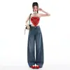 Calça Jeans com Bainha Curva para Mulheres, Jeans de Perna Reta para Primavera e Verão, Jeans Larga Solta Flare, Jeans de Guangzhou Xintang