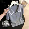 Camiseta de Punto de Manga Corta con Cuello Polo de Encaje Estilo Coreano para Mujer, Versátil de Verano Nuevo Estilo, Top Corto Casual Chic de Moda