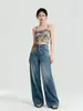Jeans de Pierna Ancha de Tiro Alto Personalizados para Mujer con Diseño Vintage Desgastado y Acentos de Cuero, Pantalones Largos de Moda para Primavera y Otoño