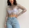 2023 Comercio Exterior Europeo y Americano Nuevo Amazon más vendido para mujer sexy malla con cuentas lentejuelas manga larga top camiseta