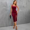 2026 Amazon Vestido de Veludo Vermelho para Mulheres Europeias e Americanas, Gola Quadrada, Fenda, Bodycon, Alça, Festa, Festival de Música