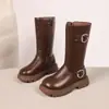 Novas botas de moda outono e inverno estilo britânico retrô para crianças, botas de chaminé estilosas para meninas pequenas, botas de moda de algodão de camada dupla